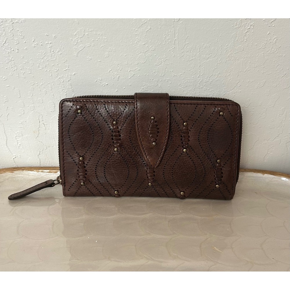 Vilenca Holland Brown Leather Studded Perforated Zip Around Bifold Wallet
